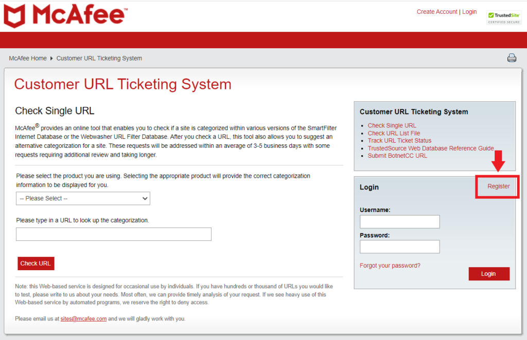 マカフィー/Customer URL Ticketing Systemログイン画面